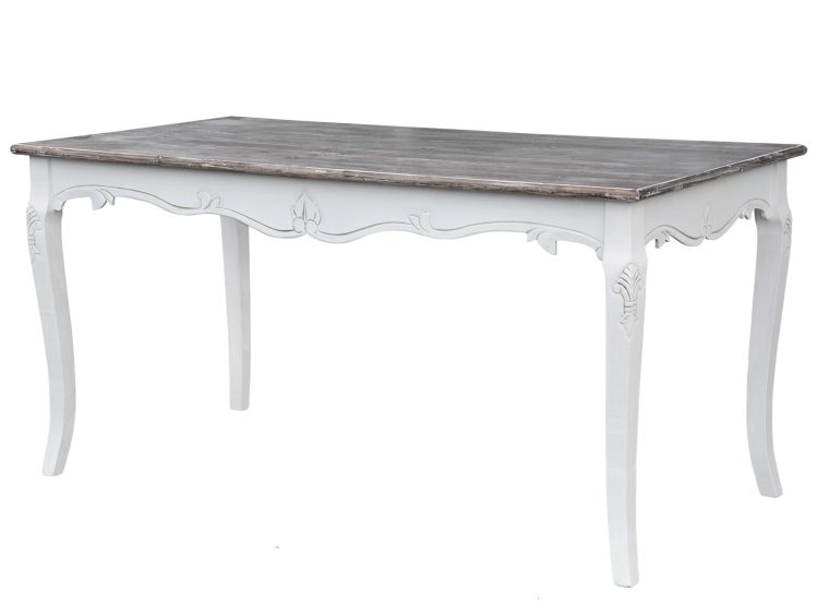 Elegancki stół z drewnianym blatem i białymi rzeźbieniami