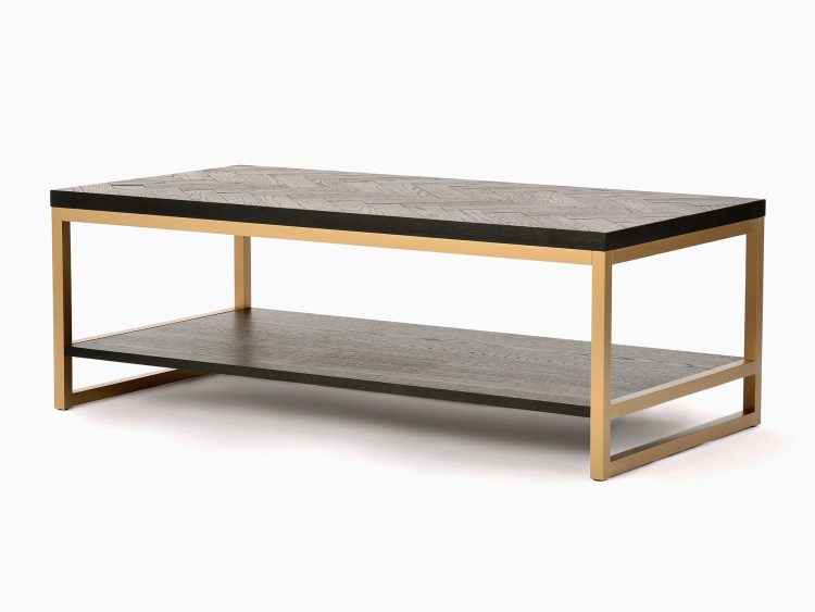 Stolik kawowy czarny z blatem w jodełkę, prostokątny, ze złotymi akcentami