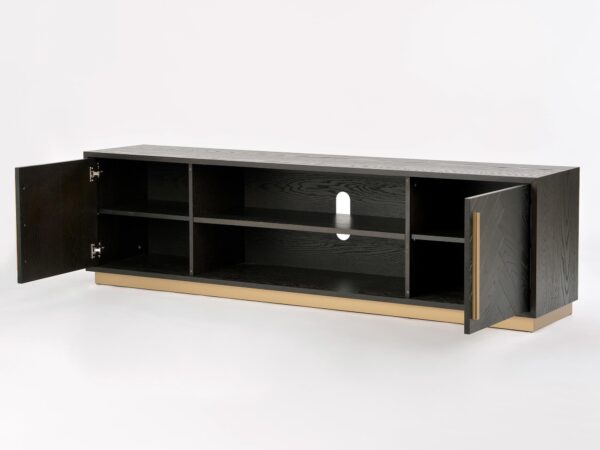 Szafka RTV czarna w stylu glamour z półkami i złotymi detalami