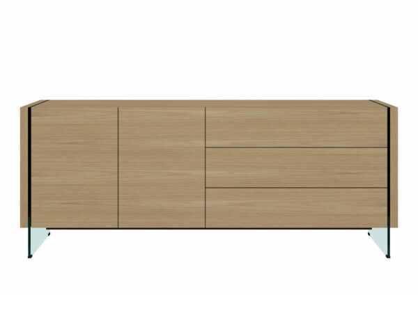 Komoda w naturalnym drewnie z przeszklonymi bokami, styl minimalistyczny