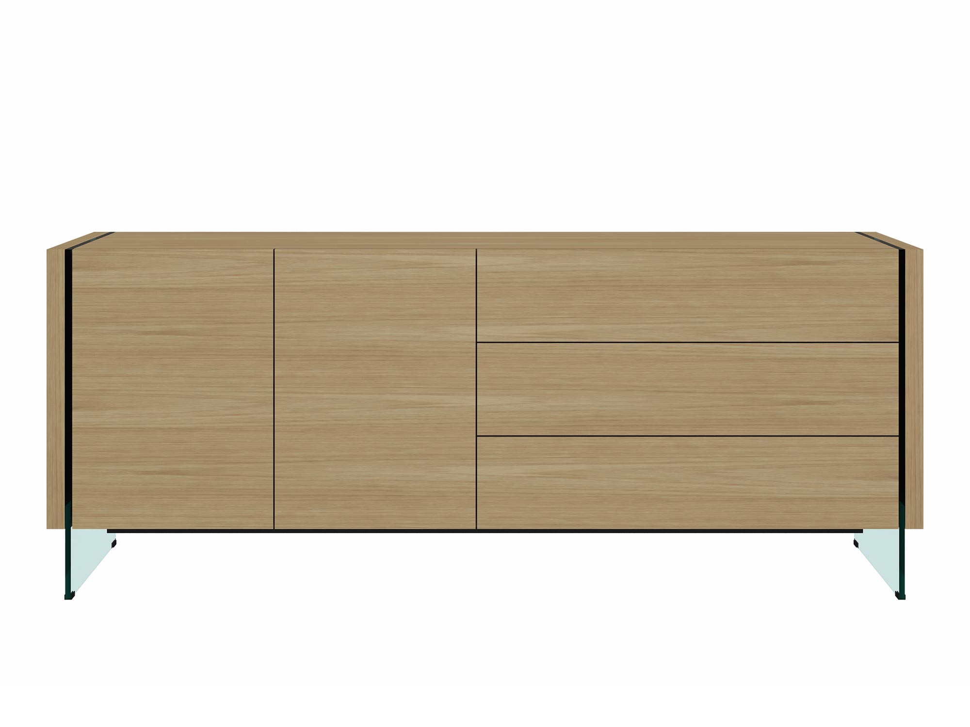 Komoda w naturalnym drewnie z przeszklonymi bokami, styl minimalistyczny Komoda w naturalnym drewnie z przeszklonymi bokami, styl minimalistyczny