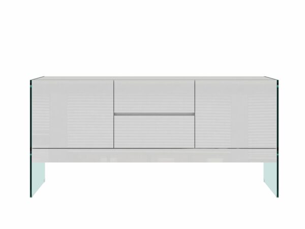 Biała szafka RTV z frontami w połysku i bokami z przezroczystego szkła