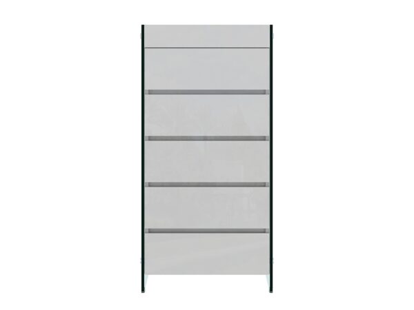 Wysoka biała komoda z frontami w połysku i bokami ze szkła