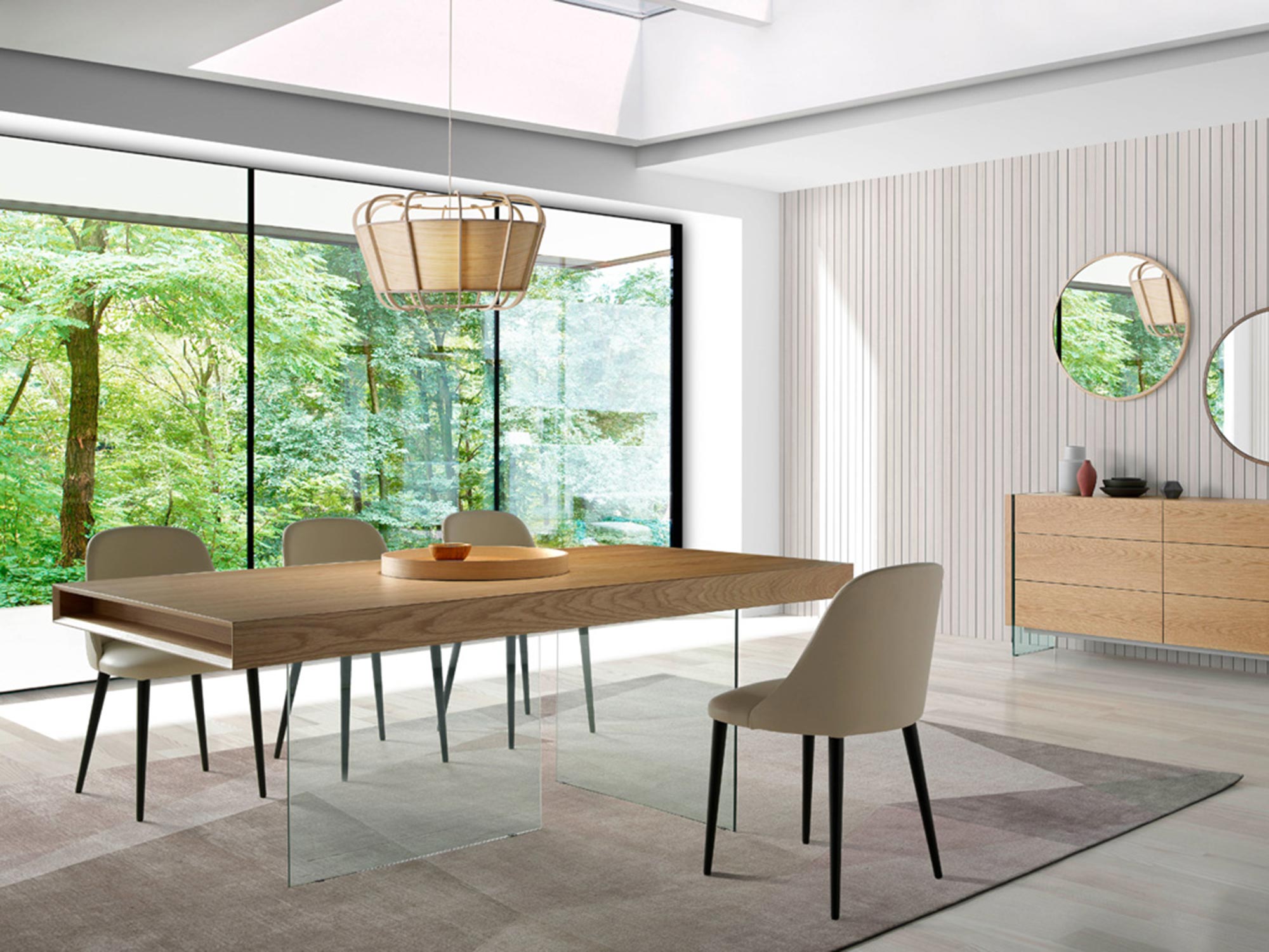 Aranżacja jadalni z dużym stołem i krzesłami tapicerowanymi w jasnym wnętrzu Aranżacja jadalni z dużym stołem i krzesłami tapicerowanymi w jasnym wnętrzu