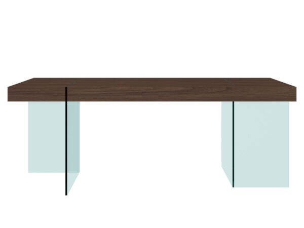 Stół z drewnianym blatem i podstawą z hartowanego szkła, widok frontalny