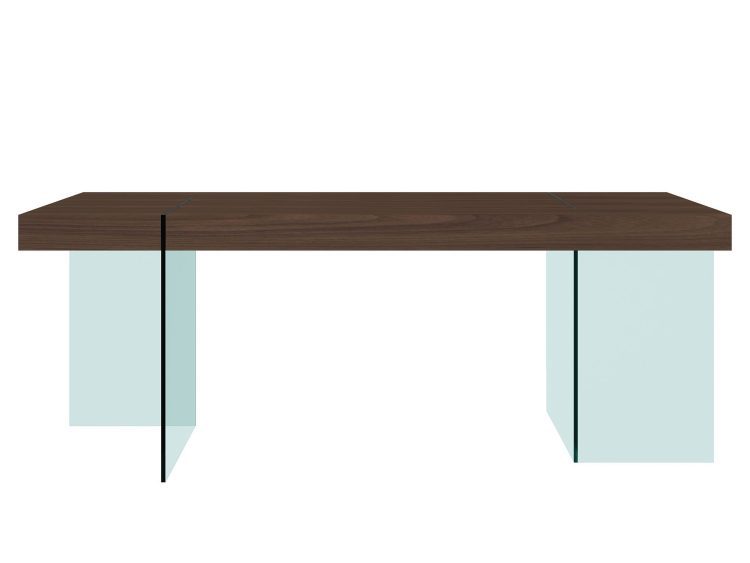 Stół z drewnianym blatem i podstawą z hartowanego szkła, widok frontalny