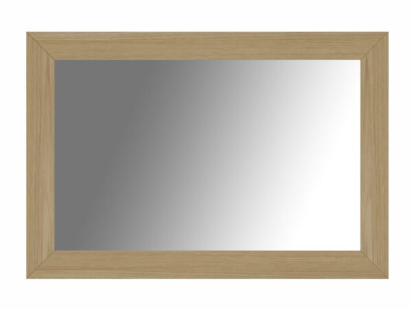 Lustro prostokątne w jasnej drewnianej ramie, ujęcie od przodu