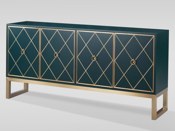 Komoda glamour w czerni i zieleni z frontami w złoty geometryczny wzór i złotą podstawą