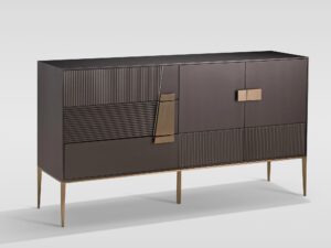 miniaturka RTV Komoda Ciemny Grafit Złote Nóżki Ryflowane Fronty – Eleganza