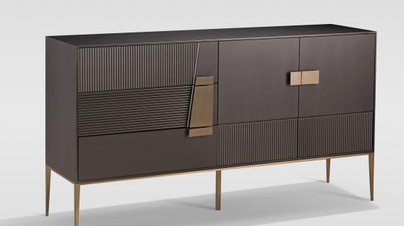 miniaturka RTV Komoda Ciemny Grafit Złote Nóżki Ryflowane Fronty – Eleganza