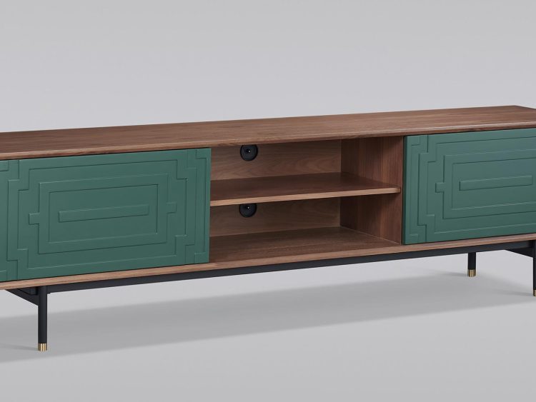 Komoda nowoczesna w kolorze orzecha z gładkimi frontami w butelkowej zieleni