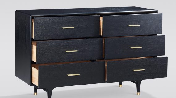 miniaturka Czarna Komoda Złote Nóżki Widoczna Struktura Drewna – Eleganza