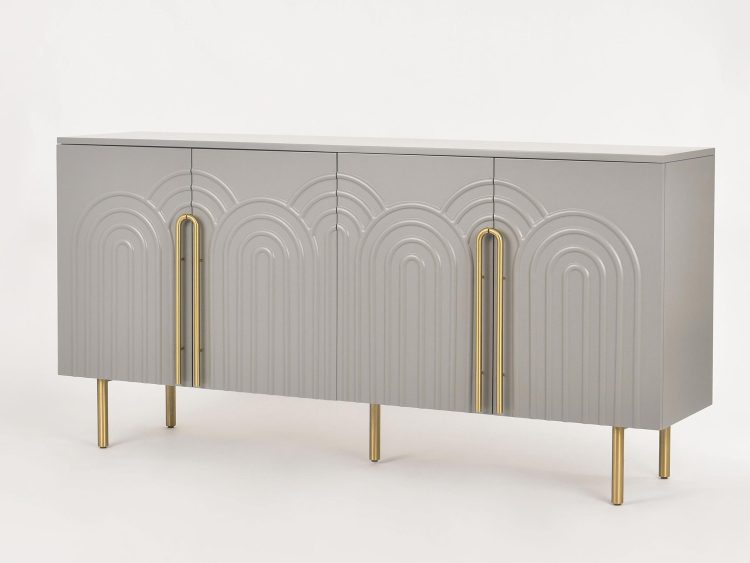 Nowoczesna komoda z ryflowanymi frontami i złotymi detalami w odcieniu grafitu