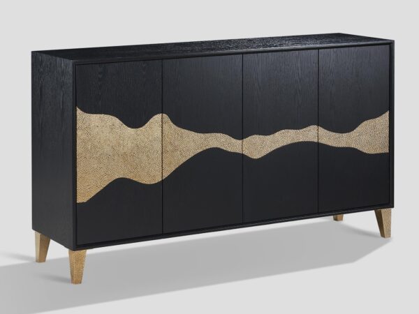 Komoda czarna z dekoracyjnymi frontami w złoty falisty wzór i półkami