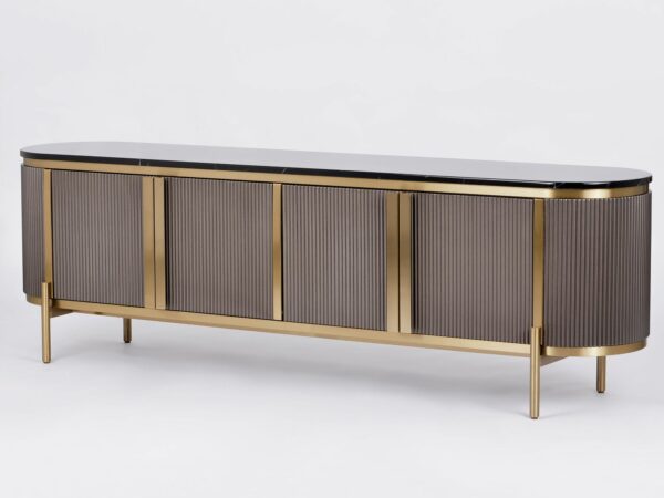 Komoda nowoczesna z frontami w odcieniu mahoniu i złotymi akcentami