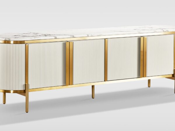 Luksusowa komoda w bieli i złocie z marmurowym blatem, idealna do eleganckiego salonu lub jadalni