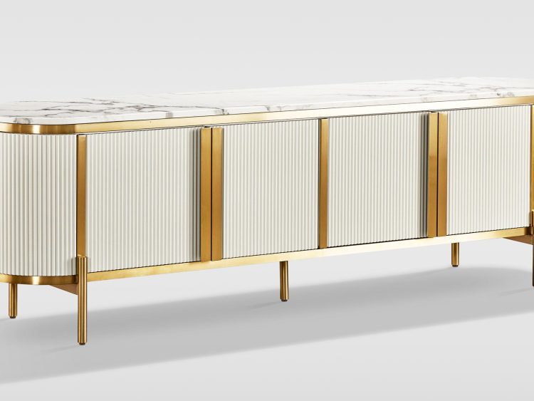 Luksusowa komoda w bieli i złocie z marmurowym blatem, idealna do eleganckiego salonu lub jadalni