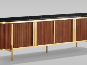 miniaturka RTV Komoda Kasztanowa Marmurowy Blat Złote Nogi – Eleganza