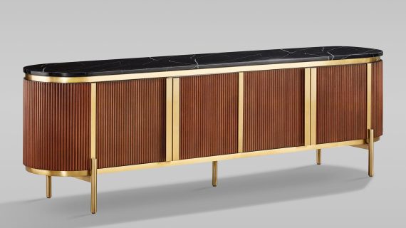 miniaturka RTV Komoda Kasztanowa Marmurowy Blat Złote Nogi – Eleganza