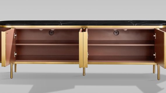 miniaturka RTV Komoda Kasztanowa Marmurowy Blat Złote Nogi – Eleganza