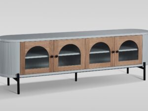 miniaturka RTV Komoda Szara Przeszklone Drzwi Ryflowane Drewno – Eleganza