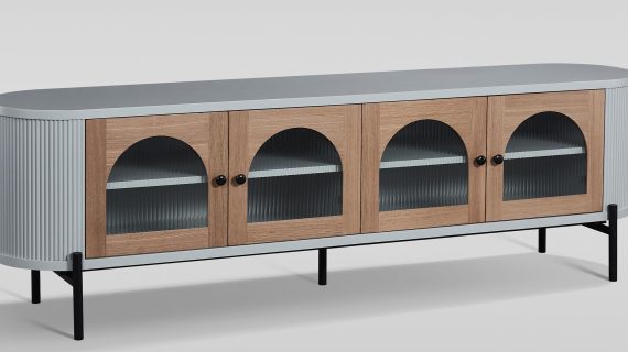 miniaturka RTV Komoda Szara Przeszklone Drzwi Ryflowane Drewno – Eleganza