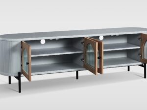 miniaturka RTV Komoda Szara Przeszklone Drzwi Ryflowane Drewno – Eleganza