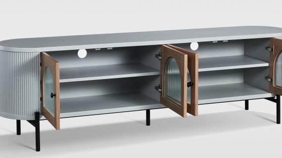 miniaturka RTV Komoda Szara Przeszklone Drzwi Ryflowane Drewno – Eleganza