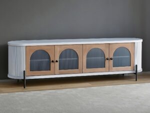 miniaturka RTV Komoda Szara Przeszklone Drzwi Ryflowane Drewno – Eleganza