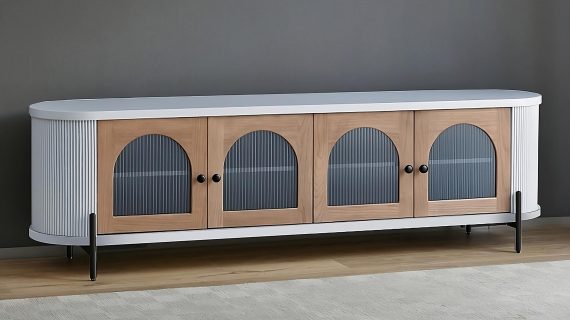 miniaturka RTV Komoda Szara Przeszklone Drzwi Ryflowane Drewno – Eleganza