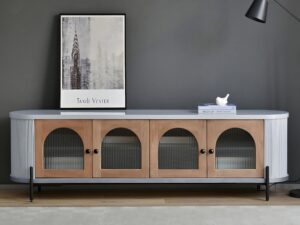 miniaturka RTV Komoda Szara Przeszklone Drzwi Ryflowane Drewno – Eleganza