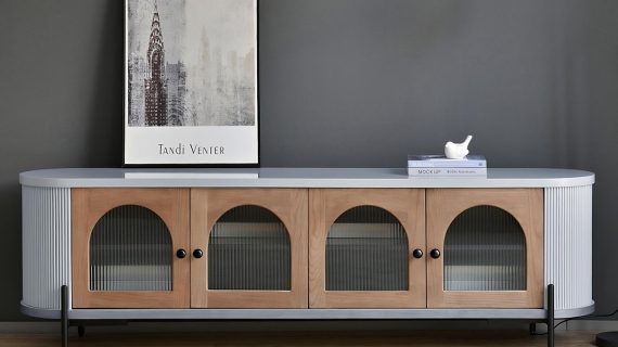 miniaturka RTV Komoda Szara Przeszklone Drzwi Ryflowane Drewno – Eleganza