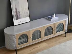 miniaturka RTV Komoda Szara Przeszklone Drzwi Ryflowane Drewno – Eleganza