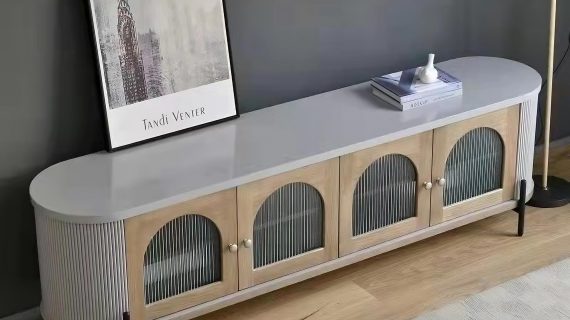 miniaturka RTV Komoda Szara Przeszklone Drzwi Ryflowane Drewno – Eleganza