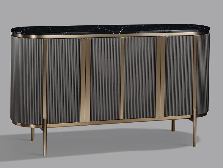 Komoda w czerni i złocie z pionowymi frontami ryflowanymi i marmurowym blatem, do eleganckiego salonu