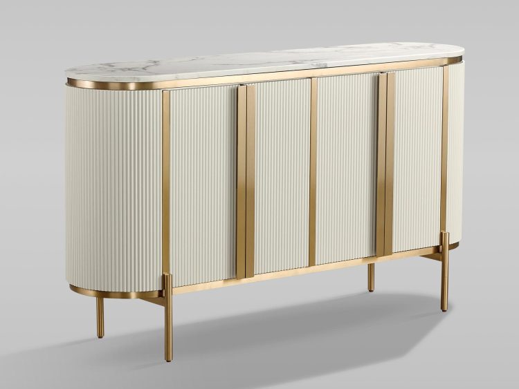 Komoda w stylu glamour w kolorze białym z pionowym ryflowaniem i złotymi nogami, blat z jasnego marmuru