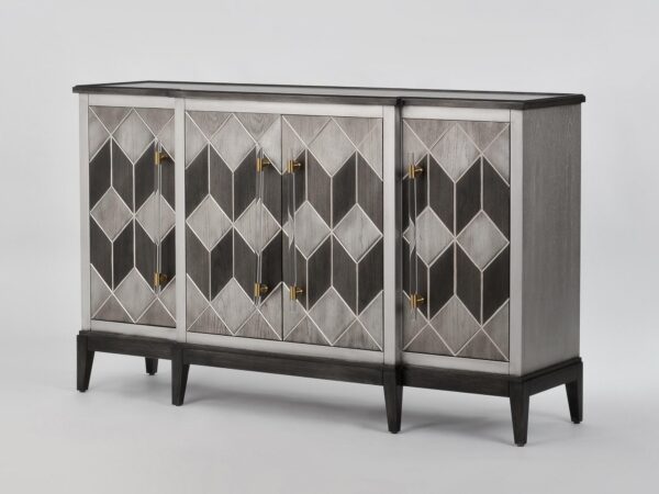 Luksusowa komoda glamour czarna z złotymi pionowymi uchwytami w aranżacji salonu