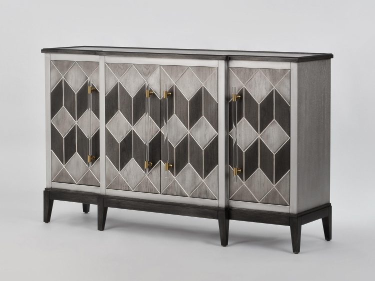 Luksusowa komoda glamour czarna z złotymi pionowymi uchwytami w aranżacji salonu