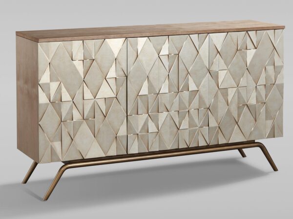 Komoda z geometrycznym wzorem 3D na frontach, złote detale i nóżki
