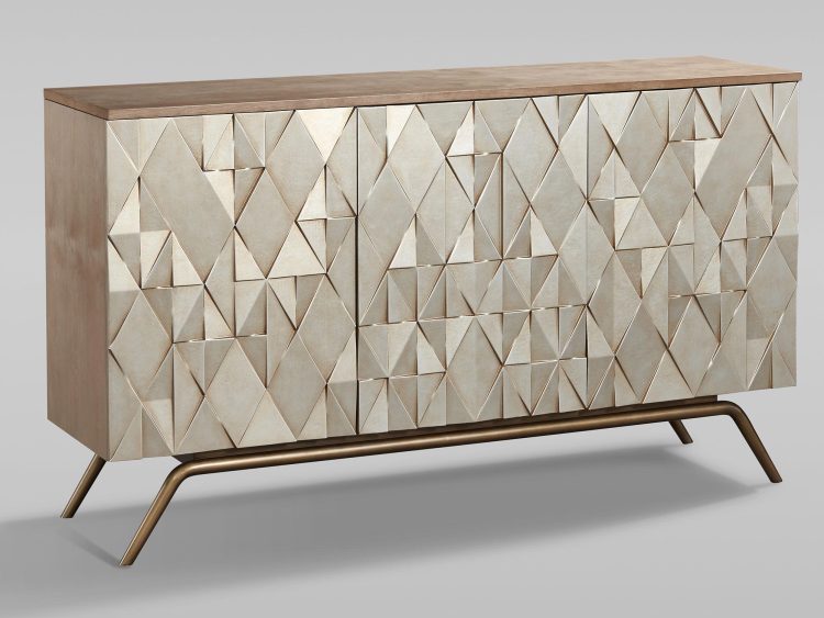 Komoda z geometrycznym wzorem 3D na frontach, złote detale i nóżki