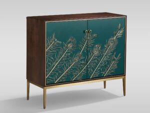 miniaturka Orzechowa Komoda Turkusowy Front Złote Akcenty – Eleganza