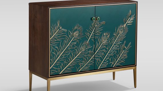 miniaturka Orzechowa Komoda Turkusowy Front Złote Akcenty – Eleganza