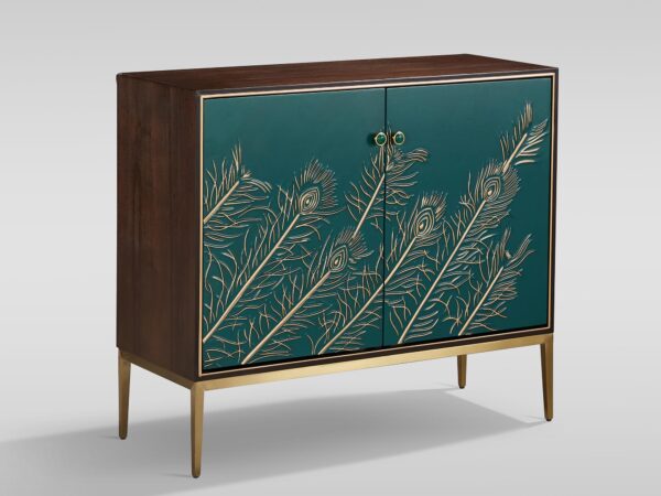 Luksusowa komoda w kolorze orzecha z zielonymi frontami w złote pióra