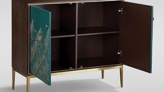 miniaturka Orzechowa Komoda Turkusowy Front Złote Akcenty – Eleganza