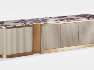 miniaturka RTV Komoda Jasnokremowa Złote Akcenty Marmurowy Blat – Eleganza