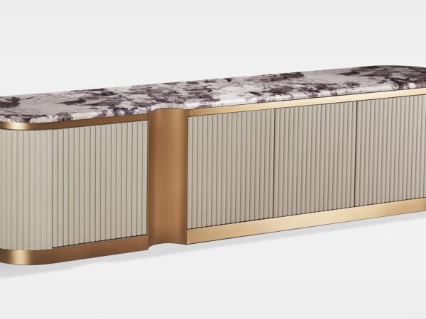 Ekskluzywna komoda w stylu glamour z ryflowanym frontem i marmurowym blatem