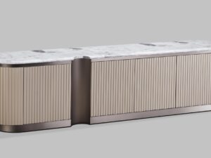 miniaturka RTV Komoda Beżowa Marmurowy Blat Niklowany Wieniec – Eleganza