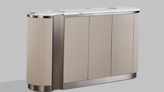 miniaturka Beżowa Komoda Niklowany Wieniec Marmurowy Blat – Eleganza