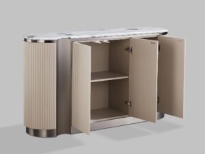 miniaturka Beżowa Komoda Niklowany Wieniec Marmurowy Blat – Eleganza