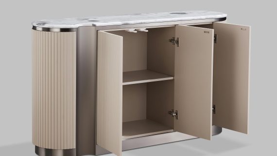 miniaturka Beżowa Komoda Niklowany Wieniec Marmurowy Blat – Eleganza